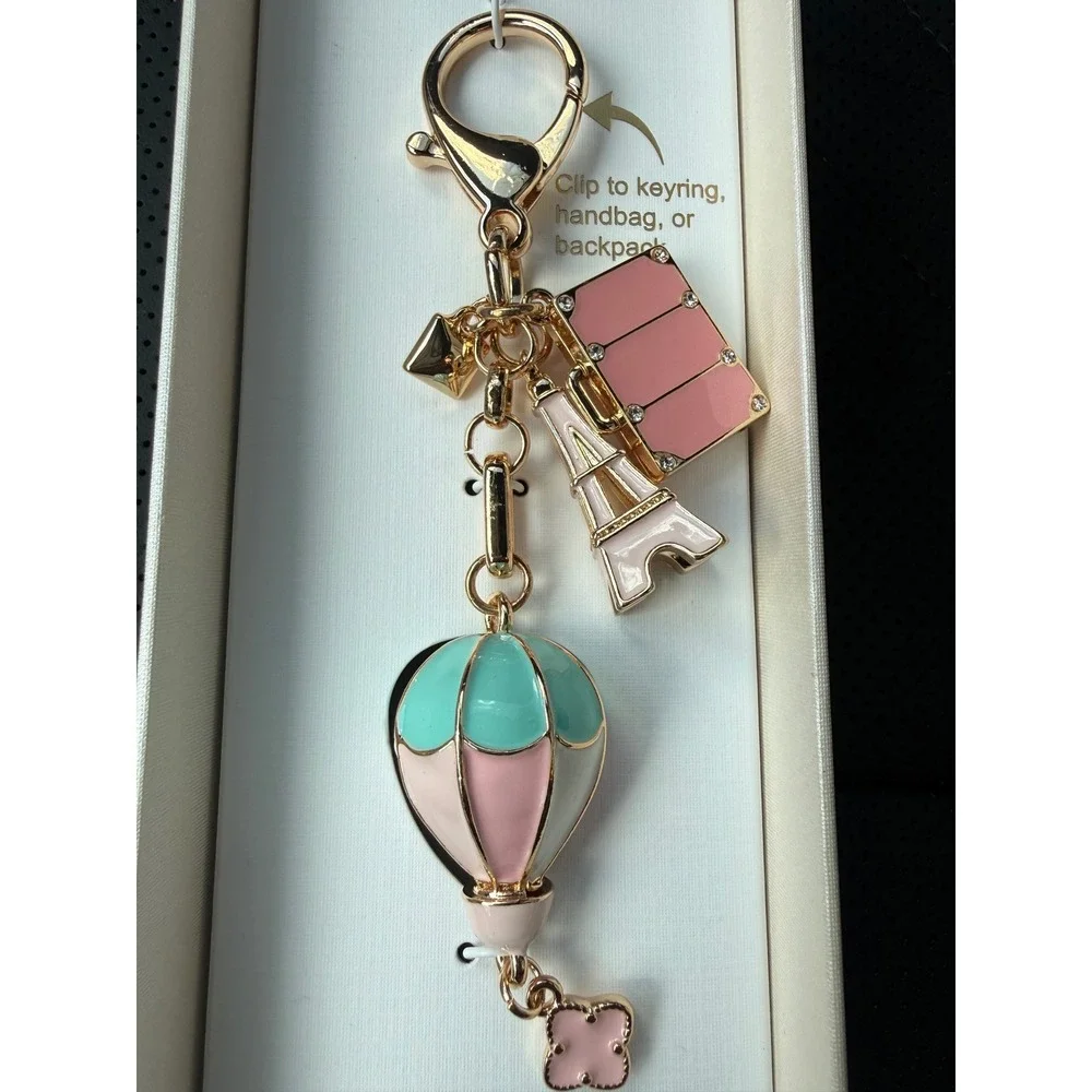 Piper K Paris Bag Charm Keychain‎ Hot Air Balloon Eiffel Tower Pink Gold NIB